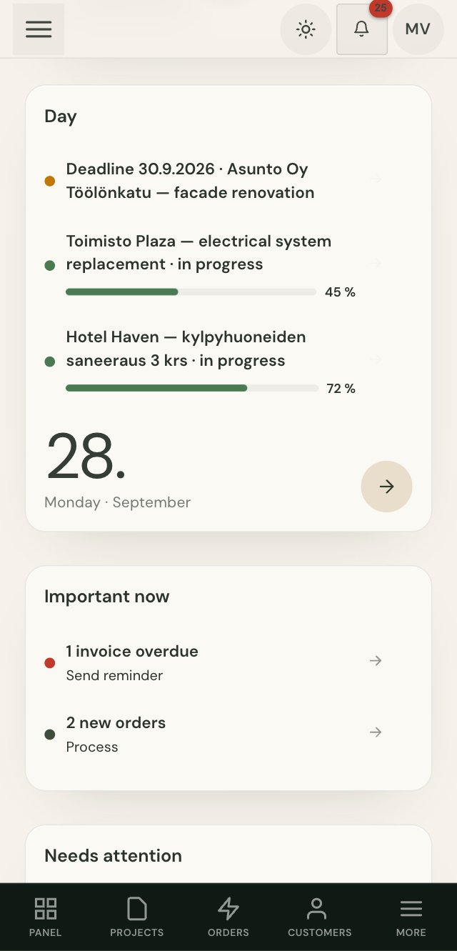 Raslak Hub dashboard on a phone: today’s status, projects and key numbers