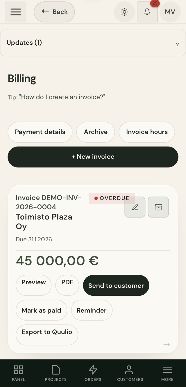 Invoice view: invoices by status — overdue, open and paid — with totals
