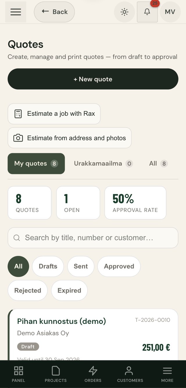 Quote view: quotes with statuses and totals