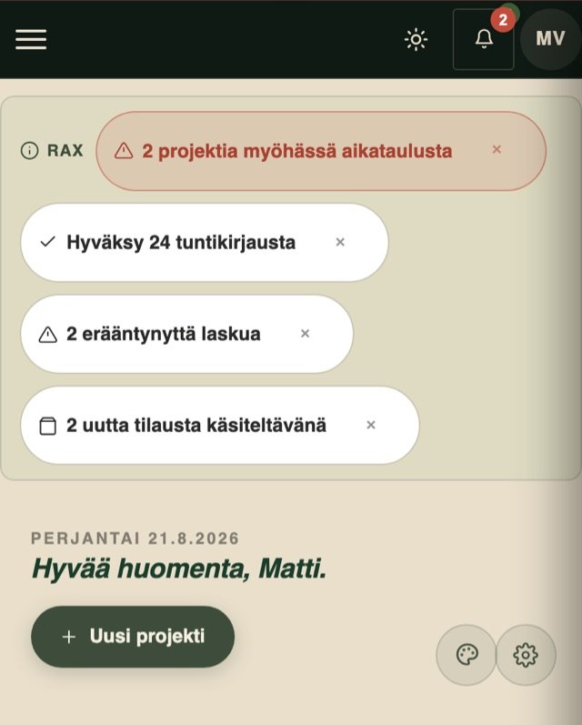 Raslak Hub overview on a phone: the Rax assistant raises late projects, hour entries awaiting approval and overdue invoices