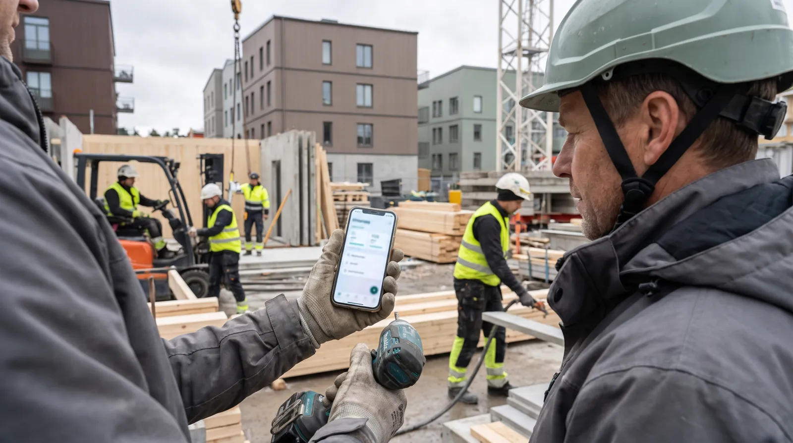 A field worker using a phone on a construction site to log hours in Raslak Hub