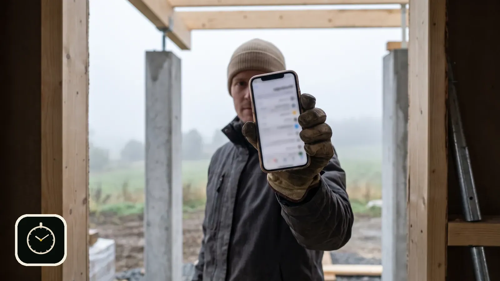 Builder holding up a phone on an unfinished site