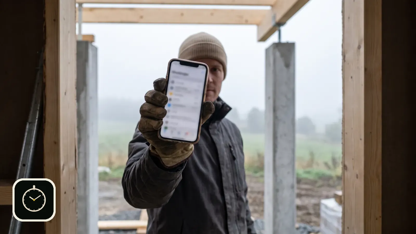 Worker holding up a phone on a construction site