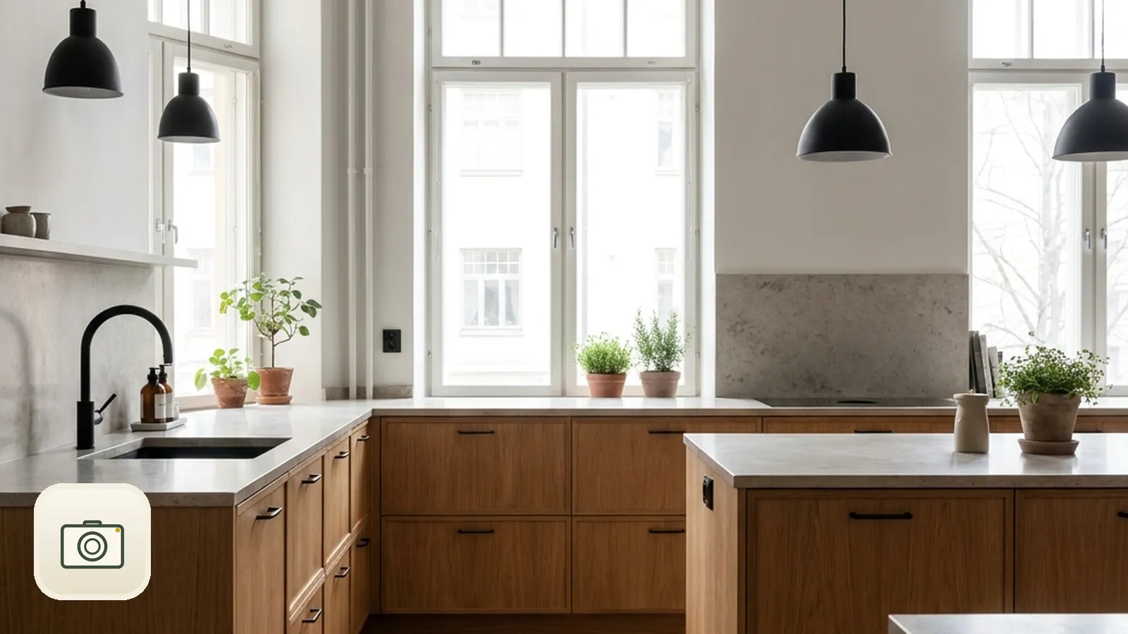 Bright kitchen with wooden cabinets and herringbone parquet