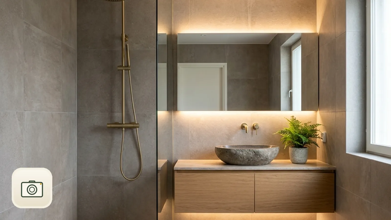 Finished bathroom with tiled walls and a glass shower screen