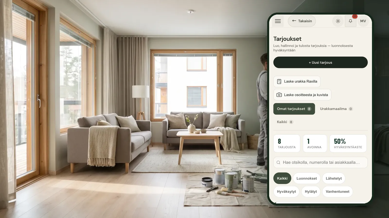 Room being painted, with the Raslak Hub quotes view on a phone