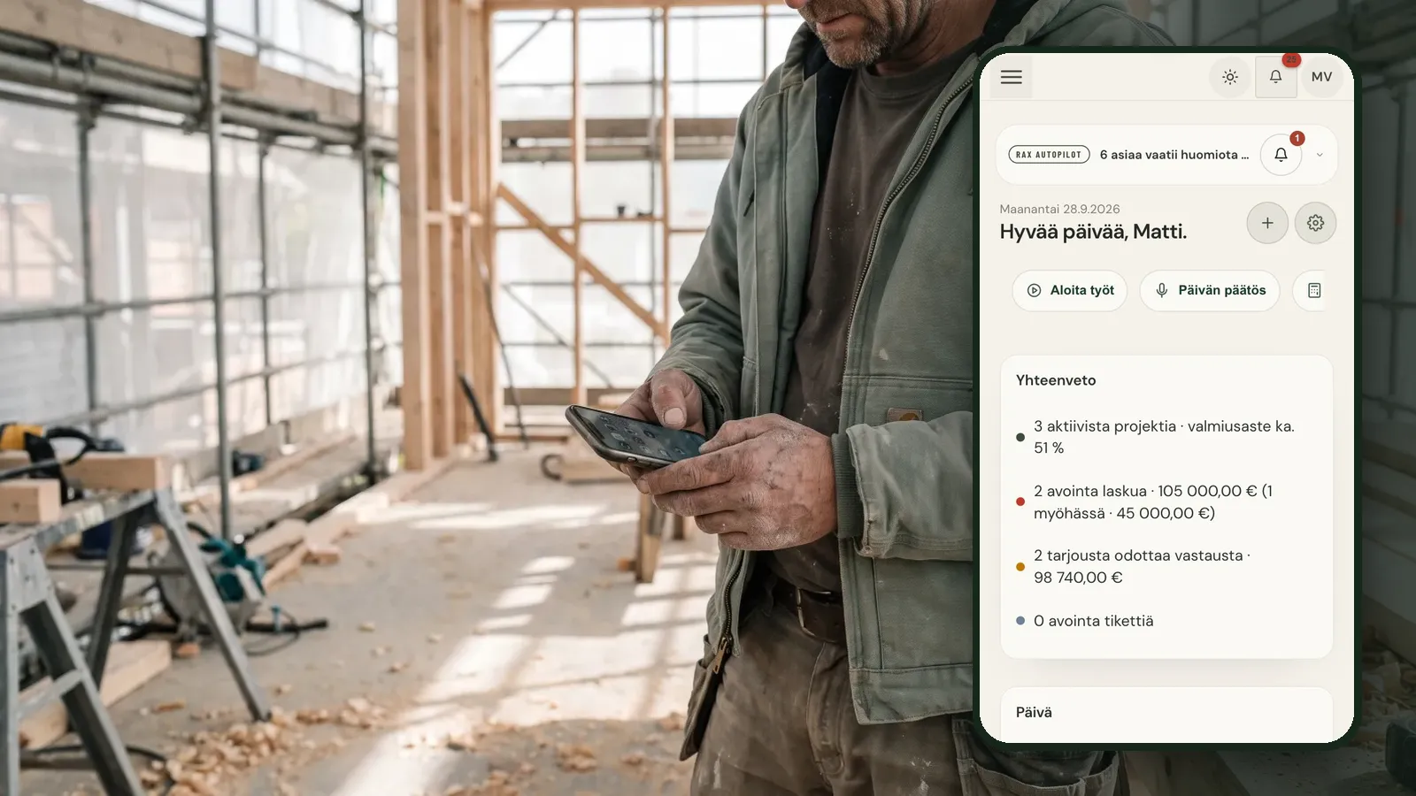 Service business owner in the field with the Raslak Hub home view on a phone