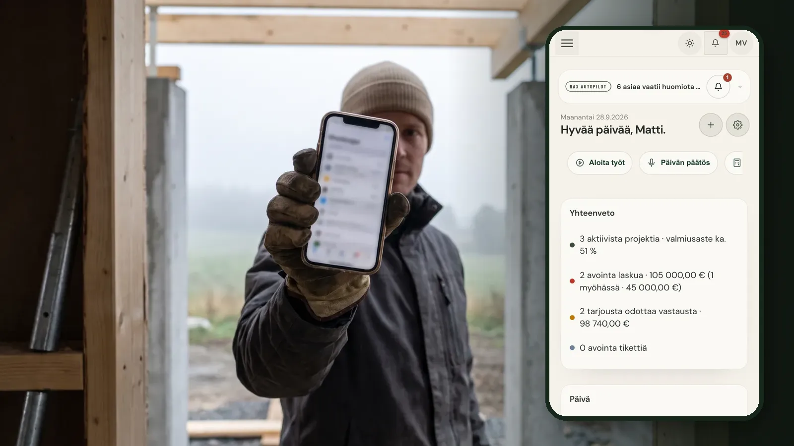 Employee clocking in on a phone next to the Raslak Hub home view