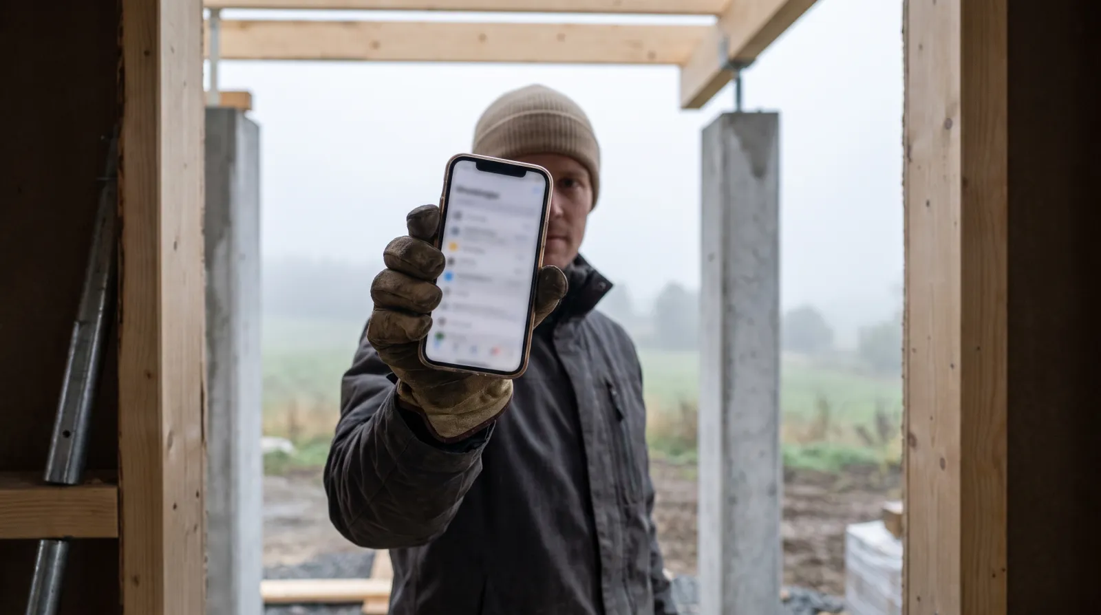 Worker clocking in on a phone at a construction site